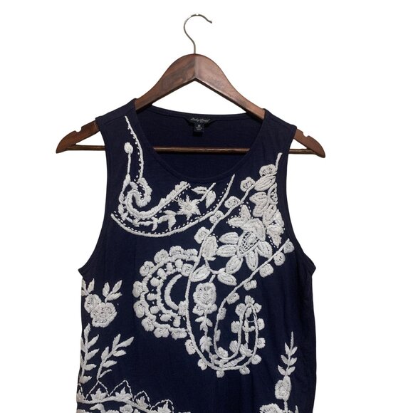 Lucky Brand Women's Top Navy Sleeveless Tank White Floral Embroidery Sz M Boho - Picture 5 of 15